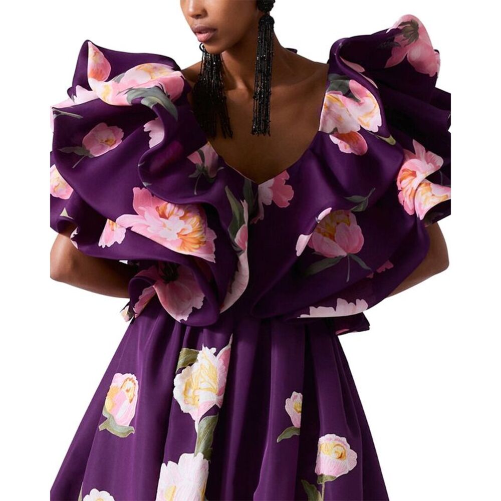 Carolina Herrera Womens  V-Neck Folded Ruffle Silk Top, Purple